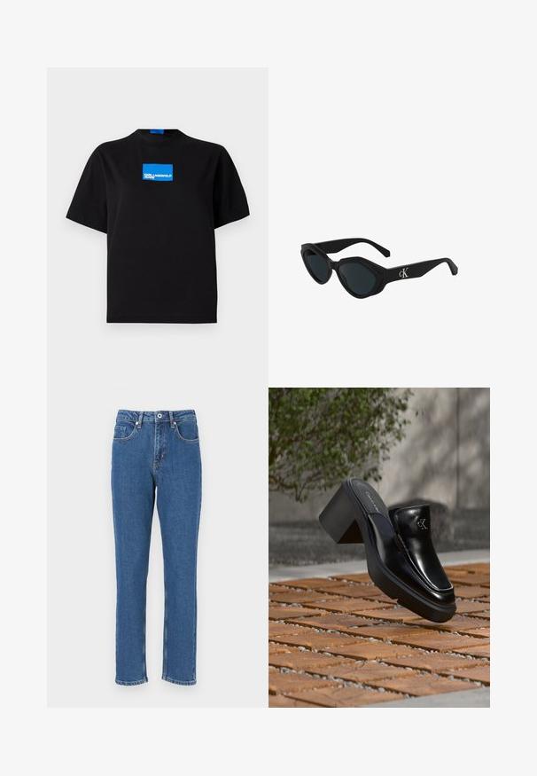 Čierne bavlnené tričko s okrúhlym výstrihom, na prednej strane s modrým obdĺžnikovým grafickým logom s nápisom "KARL LAGERFELD JEANS".; Modré džínsy s rovnými nohavicami, s vysokým pásom, prednými vreckami a viditeľným šitím pozdĺž švov.; Čierne kožené šľapky Calvin Klein s blokovým podpätkom, ktoré oddychujú na drevených dlaždiciach vonku blízko zelenej rastliny a šedej steny.; Čierne slnečné okuliare v štýle mačacích očí s lesklým povrchom, tmavými sklami a logom "cK" na spánku. Ostrý dizajn a hrubé rámy.