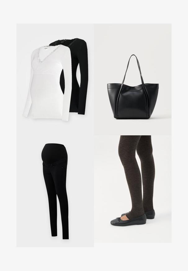 Deux hauts de maternité à manches longues : un blanc avec une bordure en dentelle au niveau du col en V et un noir. Tous deux sont fabriqués dans un tissu doux et extensible.; Jeans de maternité noirs avec une taille haute extensible et une coupe slim. Confectionnés en denim, ils comprennent des poches avant classiques.; Jambes portant des leggings côtelés foncés associés à des ballerines noires avec de petits détails en nœud sur fond blanc.; Sac cabas en cuir noir avec deux longues anses et un bord supérieur légèrement incurvé, présenté sur un fond clair uni.