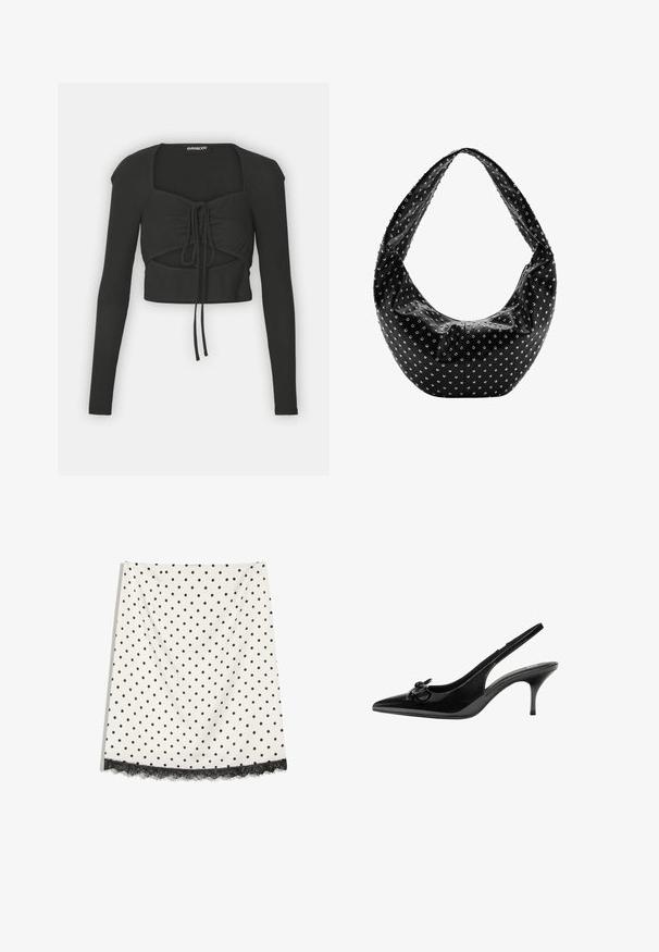 Haut noir cropped à manches longues en tissu côtelé, avec un décolleté carré et un détail de lien à l'avant.; Jupe blanche à pois noirs, coupe droite, avec un galon en dentelle noire à l'ourlet.; Chaussure slingback en cuir verni noir avec un bout pointu, un talon bas et un détail de nœud décoratif sur le côté. Texture lisse sur toute la surface.; Sac à main en cuir noir à la forme souple, orné de clous en argent et doté d'une large bandoulière. Texture lisse avec un design froncé.