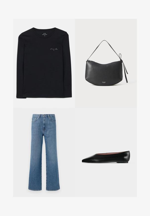 Zwarte lange mouwen shirt van zacht katoen met een ronde hals; voorzien van een klein, gedrukt logo op de linker borst.; Lichtblauwe denim wide-leg jeans met hoge taille, met een voorste knoopsluiting, vijf zakken en een schone zoomafwerking.; Zwarte leren damesschoen met platte zool, puntige neus en lage hak, zijwaarts afgebeeld tegen een effen lichtgrijze achtergrond.; Zwarte leren schoudertas met een gebogen vorm, ritsluiting en een geknoopte band. Voorzien van een subtiele logo aan de voorkant. Glad textuur.