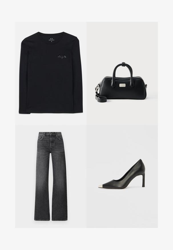 Schwarzes Langarmshirt aus weichem Baumwollstoff mit rundem Ausschnitt; verfügt über ein kleines, gedrucktes Logo auf der linken Brustseite.; Schwarze Denim-Jeans mit hoher Taille und weitem Bein. Verfügt über fünf Taschen und eine subtile verbleichte Textur mit kontrastierenden Nähten.; Schwarzer Lederschuh mit hohem Absatz, spitz zulaufender Zehenpartie und metallischer silberner Spitze. Verfügt über eine glatte Oberfläche und einen schlanken 10 cm hohen Absatz.; Schwarze rechteckige Ledertasche mit zwei Griffen, abnehmbarem Schulterriemen und kleiner silberner Markenlogo-Plakette vorne.