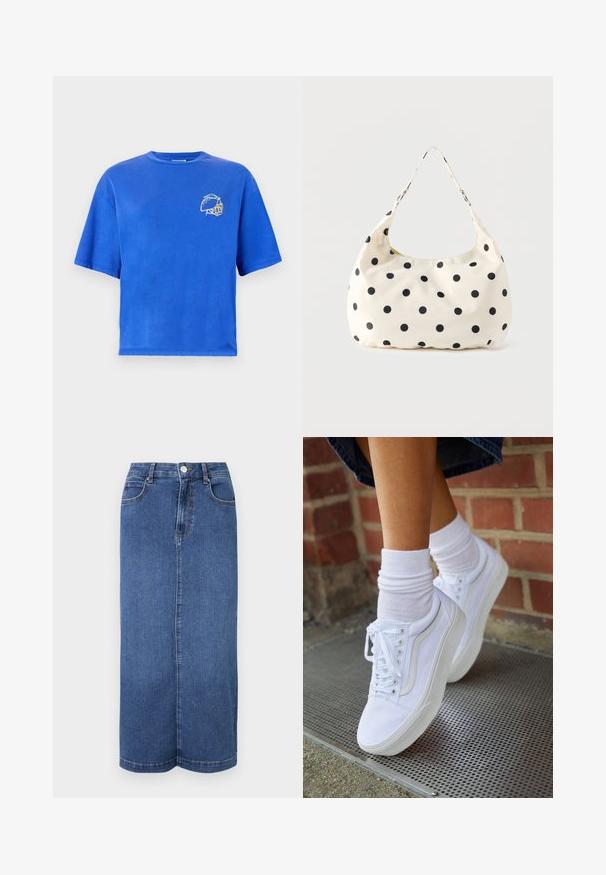 Noisy May Printed - T-shirt print - surf the web; Denim maxi rok in donkerblauw, met een rechte snit, een tailleband met knoopsluiting en minimale stikdetails.; Witte canvas sneakers met rubberen zolen, voorzien van zes vetertjes, een ronde neus en lichte stikdetails, gecombineerd met witte enkelsokken.; Crèmekleurige stoffen handtas met zwarte polkadots en een enkele schouderriem, getoond tegen een effen witte achtergrond.