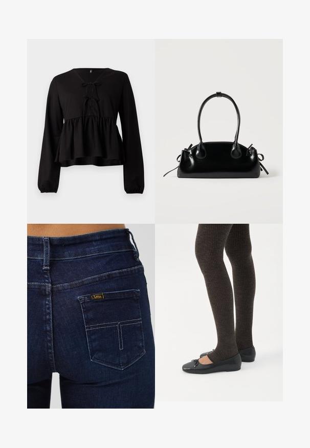 Top negro de mangas largas con escote en V, detalle de lazo en el frente y cintura acampanada. Confeccionado en material suave y con un corte holgado.; Vaqueros de mezclilla azul oscuro con un bolsillo trasero estándar. Presentan detalles cosidos y una pequeña etiqueta amarilla con la marca "Lois".; Piernas con leggings oscuros acanalados combinados con bailarinas negras que presentan pequeños detalles de lazo sobre un fondo blanco.; Pequeño bolso negro brillante con dos asas largas y detalles de cordón lateral sobre un fondo claro liso.