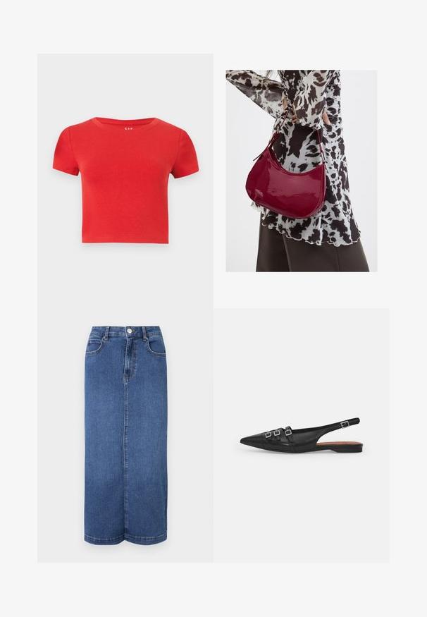 Rode katoenen t-shirt met korte mouwen, een ronde halslijn en een aansluitend ontwerp. Glad textuur met minimale details.; Denim maxi rok in donkerblauw, met een rechte snit, een tailleband met knoopsluiting en minimale stikdetails.; Zwarte leren slingback ballerina met spitse neus, voorzien van twee horizontale bandjes en vierkante zilveren gespen, lage hak en een gladde textuur.; Vrouw met een zwart-wit gebloemde blouse houdt een glanzende rode schoudertas vast tegen een effen achtergrond.