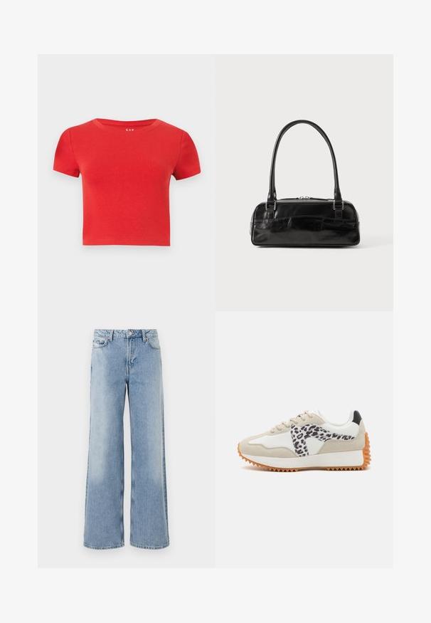 Rød bomulds t-shirt med korte ærmer, rund halsudskæring og tætsiddende design. Glat tekstur med minimal dekoration.; Lyseblå vide jeans med en falmet vask, fem lommer, knaplukning og lige kanter. Fremstillet af denim med en glat struktur.; Beige og hvid sneaker med et leopardtryk-panel, tekstureret ruskind og gummisål med riller for greb. Snørebånd og polstret krave inkluderet.; Sort læderhåndtaske med rektangulær form, der har et enkelt struktureret håndtag, sølvhardware og lynlås-lukning. Glat tekstur.