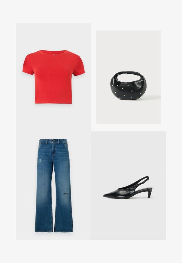 Camiseta de algodón roja de manga corta con cuello redondo y un diseño ajustado. Textura suave con detalles mínimos.; Jeans de mezclilla azul de piernas anchas con una textura desgastada, que presentan dos áreas desgastadas en la parte frontal, un cierre de botón y diseño de cinco bolsillos.; Tacón de piel negra tipo slingback con punta afilada, tacón bajo tipo kitten y correa ajustable con hebilla. Textura suave con un detalle mínimo.; Bolso de mano de cuero negro con forma redondeada, decorado con detalles de tachuelas plateadas y un asa corta. Textura lisa y cierre con cremallera.