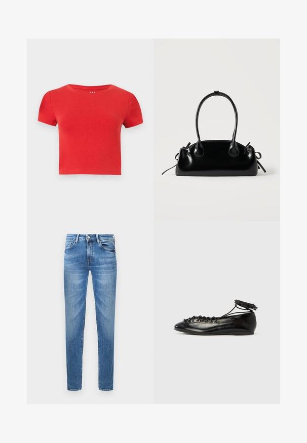 T-shirt rouge en coton à manches courtes avec un col rond et une coupe ajustée. Texture lisse avec un minimum de détails.; Jeans en denim bleu clair avec une coupe slim. Les caractéristiques incluent une fermeture à bouton, cinq poches et une texture froissée au niveau des cuisses.; Ballerines en cuir verni noir avec un bout rond, un design à lacets et une semelle plate. Texture lisse avec peu de détails.; Petit sac à main noir brillant avec deux longues anses et des détails à cordon sur les côtés sur un fond clair uni.