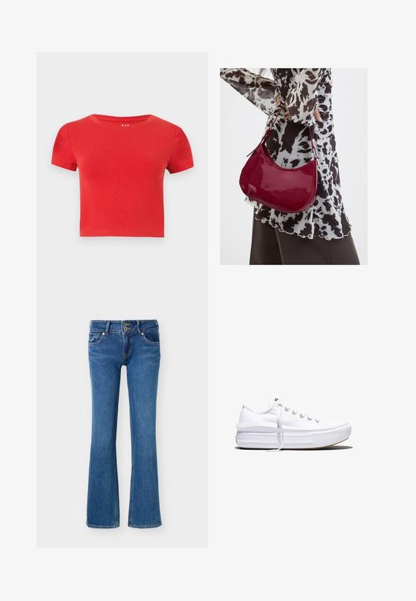 Rotes Baumwoll-T-Shirt mit kurzen Ärmeln, rundem Halsausschnitt und figurbetontem Schnitt. Glatte Textur mit minimaler Detailarbeit.; Blaue Denim-Bootcut-Jeans mit Doppelknopfverschluss, Vorder- und Gesäßtaschen sowie Standard-Nähdetails.; Weißer Canvas-Sneaker mit niedrigem Schnitt, dicker Plateau-Sohle, vorderer Schnürung und rauer Gummikappe an der Spitze, aus seitlicher Ansicht gezeigt.; Frau trägt eine schwarz-weiß gemusterte Bluse und hält eine glänzende rote Schultertasche vor einem einfarbigen Hintergrund.
