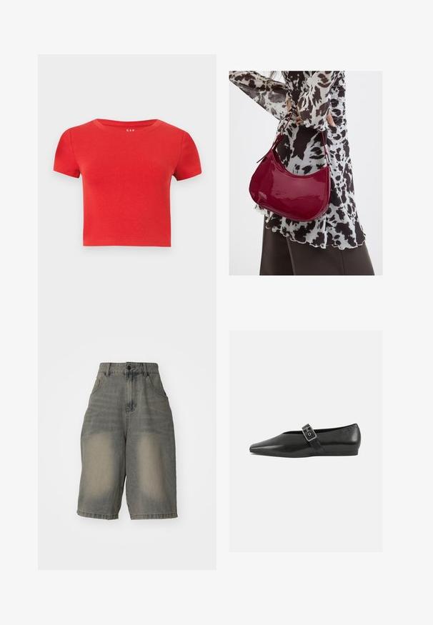 Rød bomulds t-shirt med korte ærmer, rund halsudskæring og tætsiddende design. Glat tekstur med minimal dekoration.; Jaded London LIGHT WASH JUMBO JORTS - Denimshorts - light wash; Sorte læder flade sko med spidse tæer, prydet med en metallisk spænde over vristen og en lav, fleksibel sål.; Kvinde iført en sort- og hvidmønstret bluse, der holder en blank rød skuldertaske mod en ensfarvet baggrund.