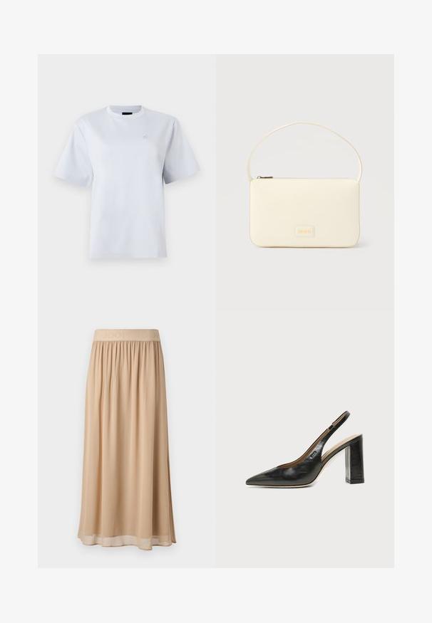 Wit T-shirt met korte mouwen en een ronde hals met een klein geborduurd logo op de linkerborst.; Beige midi-rok met een brede elastische tailleband waarop de merknaam staat. Zacht, vloeiend materiaal met een gladde textuur en een eenvoudig ontwerp.; Zwarte leren slingback schoen met spits toelopend neusje, hoge blokhak en beige binnenvoering tegen een effen lichte achtergrond.; Roomkleurige rechthoekige handtas met een enkele draagband en een ritssluiting aan de bovenkant, met een klein ingegraveerd logoplacaat op de voorkant.