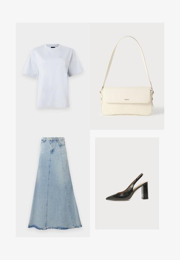 Weißes T-Shirt mit kurzen Ärmeln und Rundhalsausschnitt mit kleinem gesticktem Logo auf der linken Brust.; Helle blaue Denim-Rock mit ausgestellter A-Linien-Form, ausgestattet mit einer Frontknopfschließe, Gürtelschlaufen und sichtbaren Nähdetails.; Schwarzer Leder-Damenslingback-Pumps mit spitzer Zehenpartie und dickem hohem Blockabsatz auf weißem Hintergrund.; Schultertasche aus cremefarbenem Leder mit Klappverschluss, silbernen Beschlägen, einem verstellbaren Riemen und einem dezenten Logodetail.