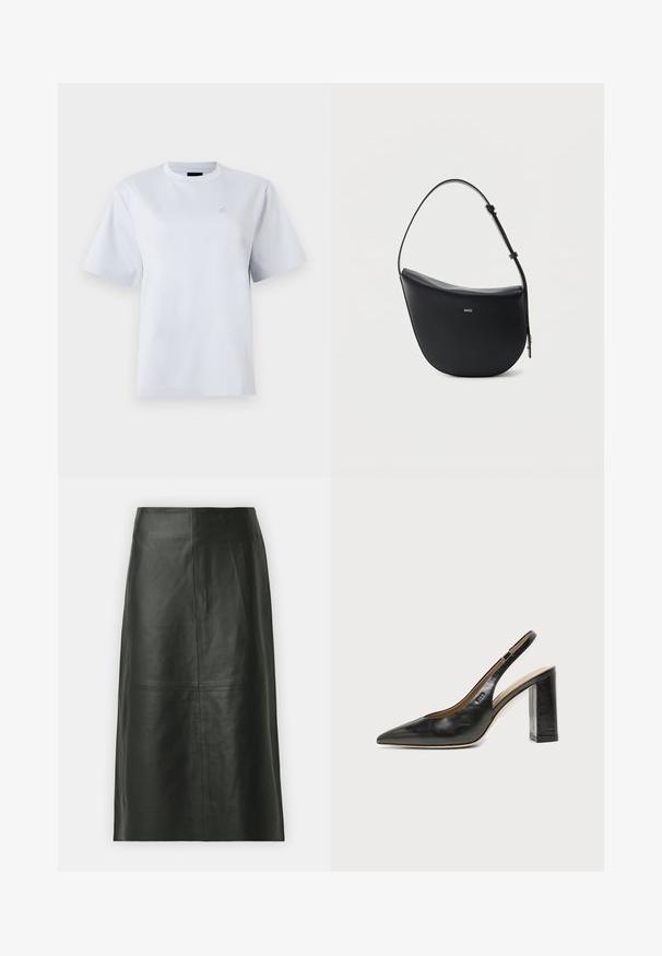 T-shirt blanc à manches courtes avec col rond et petit logo brodé sur la poitrine gauche.; Jupe midi en cuir noir avec une coupe droite. Texture lisse, coutures minimales et taille ajustée. Pas de poches visibles ni de détails supplémentaires.; Chaussure slingback en cuir noir à bout pointu avec un talon bloc haut et une doublure intérieure beige sur un fond clair uni.; Sac à bandoulière en cuir noir en forme de demi-lune avec une bandoulière réglable et le logo doré « BOSS » centré sur le devant.