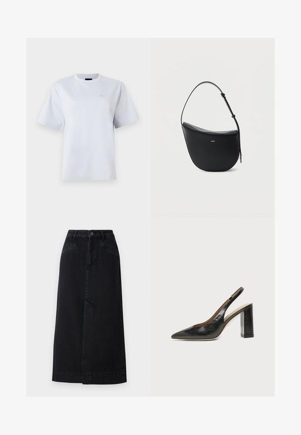 Camiseta blanca de manga corta con cuello redondo y un pequeño logo bordado en el pecho izquierdo.; Falda midi de mezclilla negra con forma recta, cierre de botones en la parte delantera y bolsillos laterales con sutiles detalles de costura.; Zapato slingback de piel negra con puntera puntiaguda, tacón alto y ancho, y forro interior beige sobre un fondo claro y liso.; Bolso de hombro de cuero negro en forma de media luna, con correa ajustable y logo dorado "BOSS" centrado en el frente.