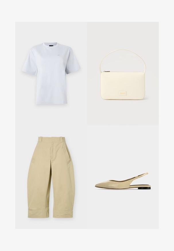 T-shirt blanc à manches courtes avec col rond et petit logo brodé sur la poitrine gauche.; Pantalon beige taille haute, coupe large et courte, avec passants de ceinture, poches latérales et coutures apparentes aux ourlets.; Chaussure plate beige à bout pointu avec bride arrière, petit talon noir et finition en cuir lisse, vue de côté sur un fond uni.; Sac à main rectangulaire de couleur crème avec une seule sangle et une fermeture éclair sur le dessus, comportant une petite plaque de logo embossé à l'avant.
