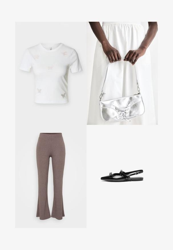 T-shirt blanc court à manches courtes avec cinq petits papillons en strass sur le devant.; Pantalons évasés côtelés marron avec une taille haute extensible et une texture douce, présentant un motif vertical subtil sur l'ensemble.; Chaussure plate à bride arrière en cuir noir avec un bout pointu, ornée de volants sur le avant-pied et d'une sangle à cheville réglable. Texture de surface lisse.; Sac à main en métal argenté avec un détail à lacets, arborant un design épuré et une courte sangle. Le sac est tenu dans les mains, mettant en valeur sa texture.