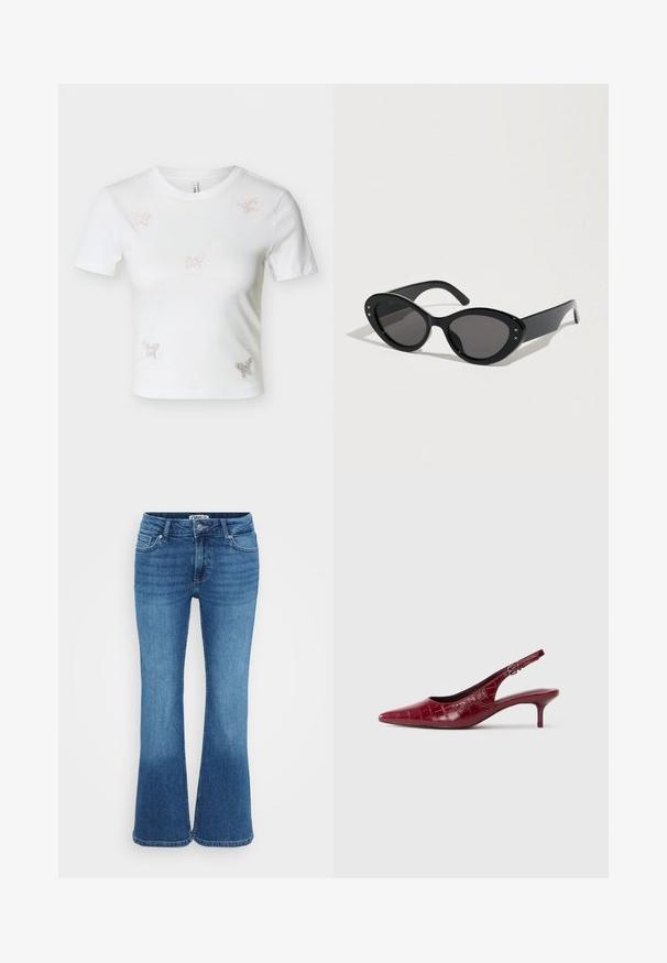 Hvid kortærmet cropped t-shirt med fem små rhinsten sommerfugledekorationer på fronten.; Blå flagrende jeans lavet af denim, med en midt-høj talje, fem lommer og en let falmet finish for et afslappet udseende.; Bordeaux læder slingback pumpe med krokodillestruktur, spidse tæer, justerbar spænde rem og lav kitten hæl på en hvid baggrund.; Sorte solbriller med en stor cat-eye form. Glatte plaststel med mørke linser og små stjerne-accentsider.