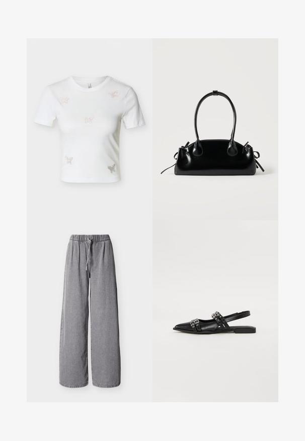 T-shirt blanc court à manches courtes avec cinq petits papillons en strass sur le devant.; Pantalon gris en jean à jambes larges avec taille élastique et cordon de serrage, présenté à plat sur un fond blanc.; Even&Odd by Zalando Ballerines à brides arrière - black; Petit sac à main noir brillant avec deux longues anses et des détails à cordon sur les côtés sur un fond clair uni.