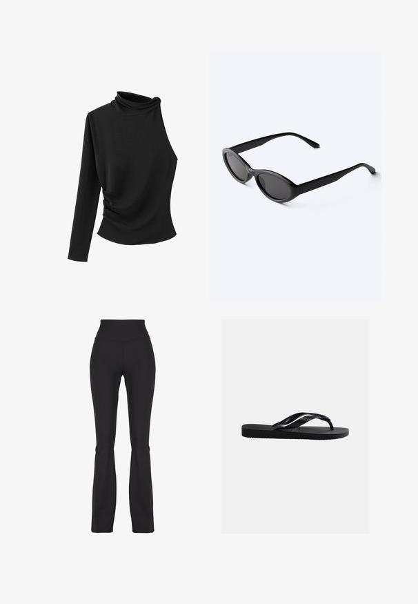 Sort langærmet top med høj hals og asymmetrisk design, med rynket detalje på den ene side og et glat, elastisk stof.; Sorte flared leggings lavet af strækbart stof, med en høj talje og glat tekstur, designet til komfort og bevægelighed.; Sort gummiflip-flop med tekstureret fodseng og Y-formet rem med et diskret prægede brandlogo på siden.; Slanke sorte ovale solbriller med mørke linser og lige arme, hvilende på en hvid overflade.