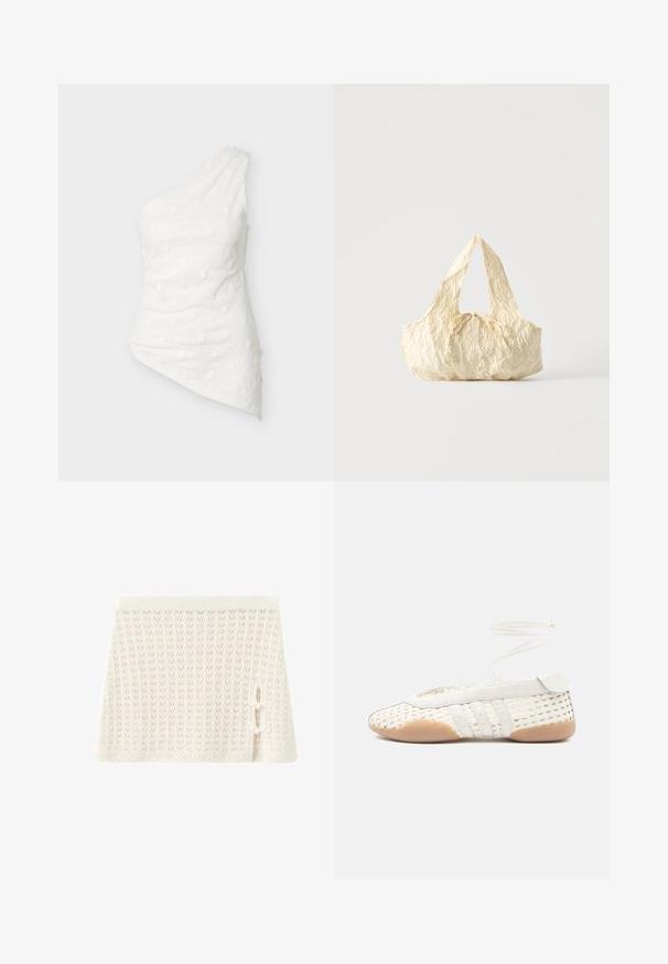 Haut blanc à une épaule avec motif floral texturé et ourlet asymétrique penchant vers le bas d'un côté.; Mini-jupe tricotée couleur crème avec un motif texturé et deux nœuds décoratifs à l'avant.; Chaussure blanche tissée avec une tige texturée, dotée d'un bout arrondi, d'accents en cuir blanc et d'une semelle en caoutchouc flexible. Lacets fins attachés.; Sac à main en tissu texturé couleur crème avec des anses sur le dessus et un petit nœud noué au centre devant.
