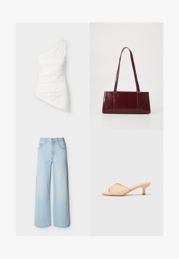 Haut blanc à une épaule avec motif floral texturé et ourlet asymétrique penchant vers le bas d'un côté.; Jean bleu clair à jambes larges avec une fermeture avant à boutons et zip, des passants de ceinture, et un design classique à cinq poches.; Mules à talons ouverts beige avec une finition matte lisse, ornés de strass transparents disposés en motif sur le dessus.; Sac à main bordeaux en matériau brillant, de forme rectangulaire, avec deux anses et des accents légèrement courbés à l'avant.