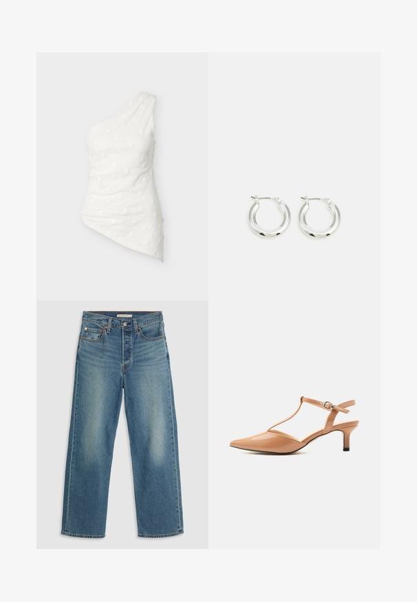 Top blanco con un solo hombro, estampado floral texturizado y dobladillo asimétrico inclinado hacia un lado.; Jeans de mezclilla azul claro con corte recto. Las características incluyen una cinturilla cosida, cinco bolsillos y desvanecimiento visible.; Zapato beige de charol con puntera puntiaguda, tacón kitten, con tira en T y hebilla ajustable sobre fondo blanco.; Pendientes de aro de plata con un acabado pulido, que presentan una forma circular y un cierre de gancho. Textura suave con detalles mínimos.