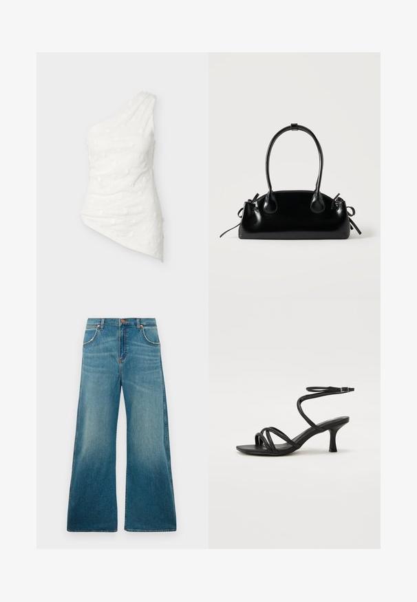 Hvid one-shoulder top med tekstureret blomstermønster og asymmetrisk kant, der skråner nedad på den ene side.; Højtaljede blå denimjeans med brede ben, frontlommer, knaplukning og en falmet farvegradient fra talje til kant.; Even&Odd Wide Fit by Zalando Sandaler - black; Lille sort blank håndtaske med to lange håndtag og snøre-detaljer i siden på en ensfarvet lys baggrund.