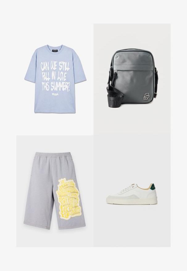 Lichtblauw T-shirt met korte mouwen met witte tekst "Kunnen we deze zomer nog verliefd worden?" en merk "PEGADOR" op het neklabel.; Grijze katoenen shorts met een elastische tailleband, voorzien van een grote gele grafische print en versleten randen aan het linkerbeen.; Witte sneaker met suède accenten, ronde neus, platte veters en een crème rubberen zool. Bevat groene branding op de hiel.; Compacte grijze crossbodytas met voorvak met rits, zwarte verstelbare band en klein zilveren logo in de rechterbenedenhoek.