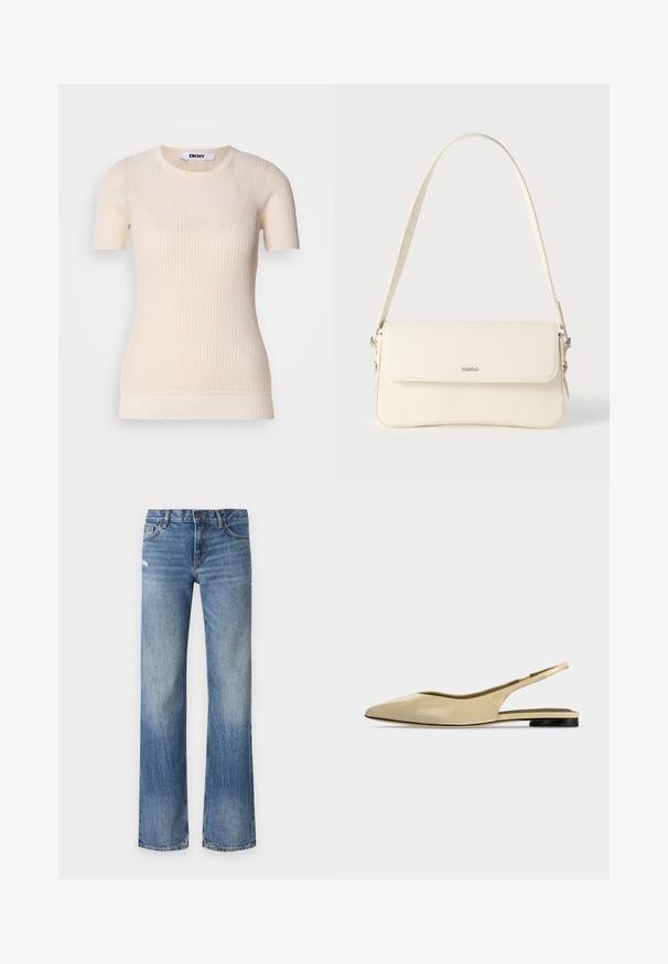 Kermanvärinen ribbikuvioinen lyhythihainen paita, jossa on pyöreä pääntie. Valmistettu pehmeästä materiaalista, siinä on tiukka siluetti ja hienovarainen texture. DKNY-tunnus näkyvissä.; Vaaleansiniset farkut, joissa on suora lahjeratkaisu, kulutetut yksityiskohdat ja klassinen viiden taskun tyyli näkyvällä ompelulla.; Beigen värinen, kärjestä kärkikärkinen slingback-mallinen litteä kenkä, jossa matala musta korko ja sileänahkainen viimeistely, kuvattuna sivulta yksivärisellä taustalla.; Kermanvalkoinen nahkainen olkalaukku, jossa on läppäkiinnitys, hopeiset metalliosat, säädettävä yksittäinen olkahihna ja hillitty logon koriste.
