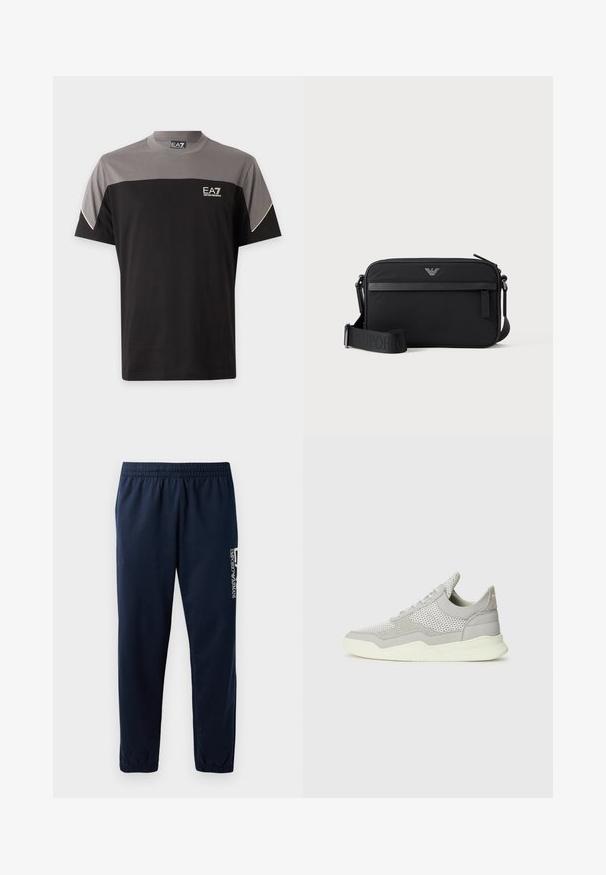 Sort og grå EA7 Emporio Armani T-shirt med korte ærmer, logo på brystet og hvid kant på ærmerne.; Marineblå sweatpants med elastisk talje, tætsiddende ben og et hvidt logo på siden. Glat stof med en let tekstur.; Grå sneakers med mesh- og ruskindssektioner, gummisål og lyse farver. Har buet design og teksturerede paneler.; Sort rektangulær crossbody-taske med lynlåslomme foran, justerbar rem og lille metallogo øverst i midten.
