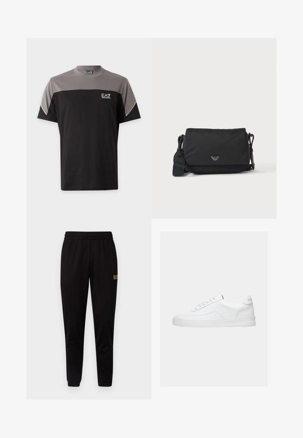 Zwart-grijze EA7 Emporio Armani T-shirt met korte mouwen, logo op de borst en witte afwerking aan de mouwen.; Zwarte sweatpants met een elastische tailleband, aangesloten boorden en een klein geel logo op het bovenste deel van het linkerdij. Zachte, gladde stofstructuur.; Witte lage sneaker met vetersluiting, glad leren bovenwerk en dikke zool, gezien vanuit de zijkant tegen een effen achtergrond.; Zwarte crossbodytas met verstelbare band en klein zilverkleurig logo-embleem op de voorflap, afgebeeld op een effen lichte achtergrond.