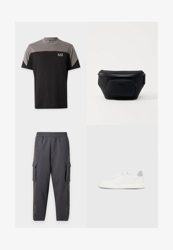 Lühikeste varrukatega must ja hall EA7 Emporio Armani T-särk, rinnal logoga ja valge äärisega varrukad.; Hallid hallid spordipüksid, mis on valmistatud pehmest kangast, omavad cargo-taskuid ja mustrilist küljeosa, mis lisab detaili. Elastne vöökoht.; Valge madala lõikega tennisking halli kandklambri, valgete paelte ja tekstuuriga tallaga, esitletud ühtlasel heledal taustal.; Must must nahk tõmblukuga esikoti ja siledat tekstuuri kaunistav logo. Struktureeritud disain, millel on volditav üleosa.