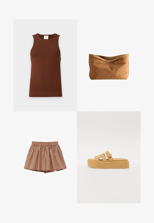 Brun ribbet ærmeløs top med rund halsudskæring. Fremstillet af strækbart stof, den har et tætsiddende design og en ensartet tekstur.; Elastisk talje nederdel-trusse kombination med lodrette striber i brune, beige og røde nuancer på et glat stof.; Steve Madden BIGMISSILE - Hjemmesko - beige; Blød brun ruskind skuldertaske med bred strop, diskrete syningsdetaljer, rektangulær form og let slap struktur.