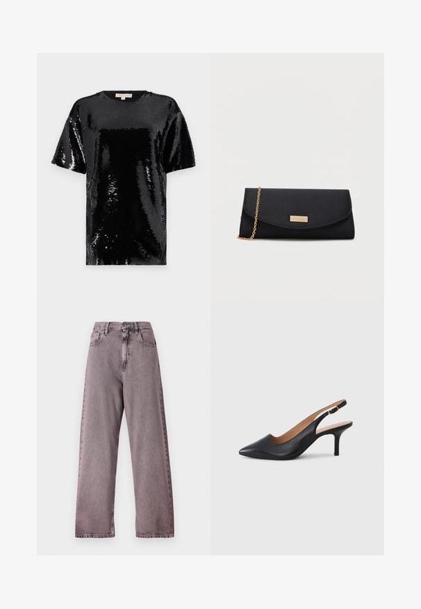 Čierny krátky rukáv top pokrytý flitrami, s okrúhlym výstrihom a celkovou hladkou, lesklou textúrou.; Džínsy s vysokým pásom a širokými nohavicami vo svetlej fialovej denimovej farbe, so zapínaním na gombík, piatimi vreckami a jemným vyblednutím na švoch.; Čierny kožený slingback podpätok so špicatou špičkou a nastaviteľným prackovým remienkom na jednoliatom sivom pozadí.; Čierna obálková kabelka s zlatým reťazovým popruhom a malou zlatou obdĺžnikovou logom na prednej chlope.