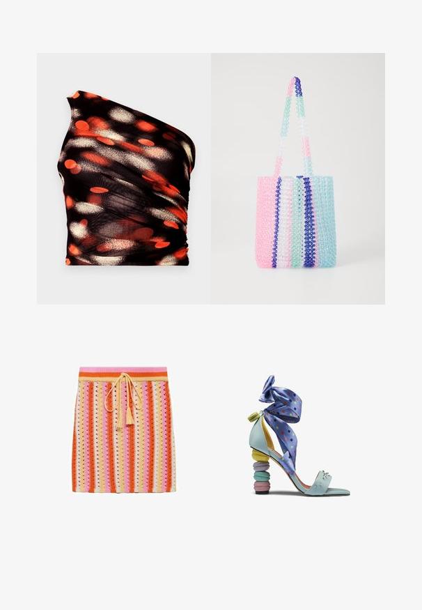 Sort én-skulder top med abstrakte orange, røde og hvide prikkede mønstre. Lavet af et tekstureret, elastisk stof; har rynket detaljering.; Strikskørt med stribede mønstre i orange, pink, creme og gul, med snoreliv og dekorative kvaster.; Lyseblå højhælet sandal med pastel farvet macaron-formet hæl og lilla prikket ankelbånd.; Farverig tote bag lavet af gennemsigtige perler. Har striber i pink, grøn, blå og hvid. To robuste perle-håndtag.