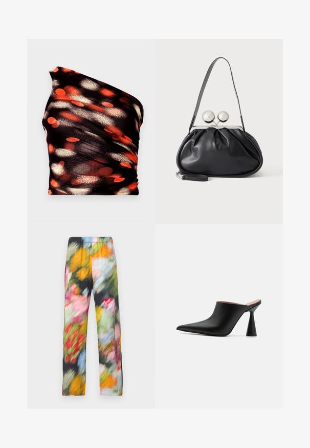 Sort én-skulder top med abstrakte orange, røde og hvide prikkede mønstre. Lavet af et tekstureret, elastisk stof; har rynket detaljering.; Blomsterprydede, letvægtsbukser med elastisk talje, der har en blanding af livlige farver, herunder pink, gul, grøn og blå.; Sorte lædermules med spids tå og en unik kegleformet hæl. Glat tekstur og minimalistisk design, åben bagside for nem påtagning.; Sort læderhåndtaske med opsamlet design, en enkelt rem, sølv metalramme og to store runde sølv lukninger.