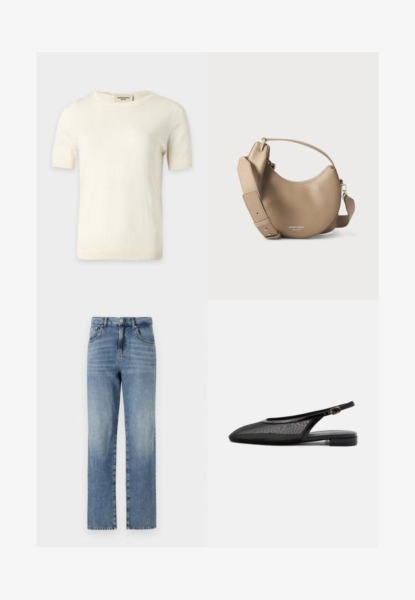 Crèmekleurige gebreide top met korte mouwen, ronde hals en geribde randen, met label "Weekend Max Mara" aan de binnenkant van de achterhals.; Lichtblauwe denim jeans met een rechte pijpdesign, voorzien van vijf zakken, een knoop- en ritsluiting, en minimale vervaging op de stof.; Zwarte slingback platte schoen met puntige neus, mesh bovenwerk, verstelbare gespsluiting en lage gestapelde hak op witte achtergrond.; Beige leren handtas in halve maanvorm met een brede verstelbare band en een klein handvat, geperst met zilveren merk- en locatie-tekst.