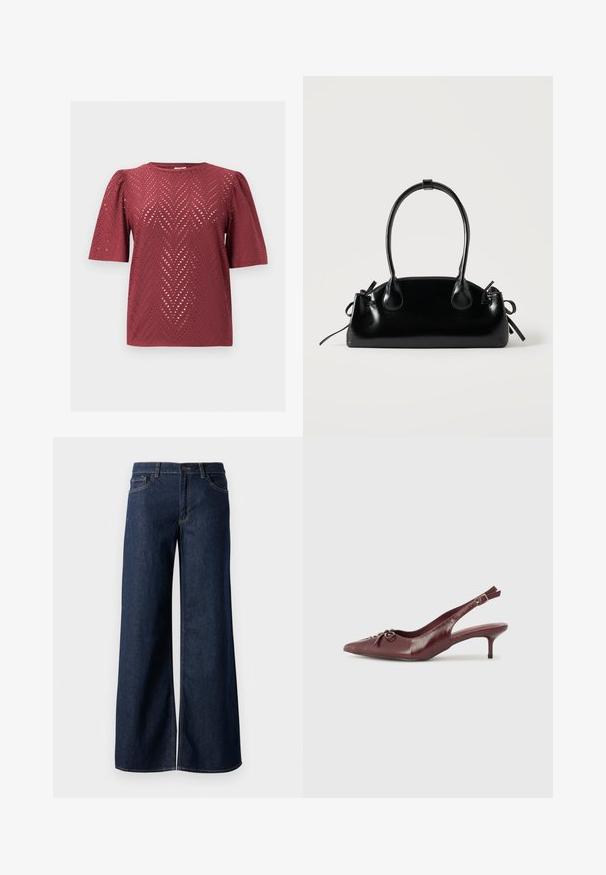 Burgundy kortærmet bluse med chevron-udskæringsmønster og let oppustede skuldre, lagt fladt på en ensfarvet baggrund.; Bredde ben jeans i mørkeblå denim. Har kontrastsyninger, fem lommer og en knaplukning i taljen. Glat tekstur.; Bordeaux læder slingback hæl med spidse tå, justerbar rem og dekorativ sløjfedetalje foran. 7,5 cm hælhøjde.; Lille sort blank håndtaske med to lange håndtag og snøre-detaljer i siden på en ensfarvet lys baggrund.