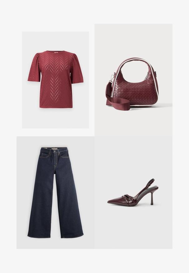 Burgundy kortærmet bluse med chevron-udskæringsmønster og let oppustede skuldre, lagt fladt på en ensfarvet baggrund.; Bredde ben denim jeans i mørkeblå med kontrastsyninger. Har det traditionelle fem-lomme design og en knaplukning ved taljen.; Bourgogne laklæder slingback-hæl med spids tå, tynd ankelrem og lille dekorativ spænde. Glat tekstur og høj hæl.; Mørkerød vævet lædertaske med buet hank, hvid kant, sølv lynlås og aftagelig bred stofskulderrem mod en ensfarvet baggrund.