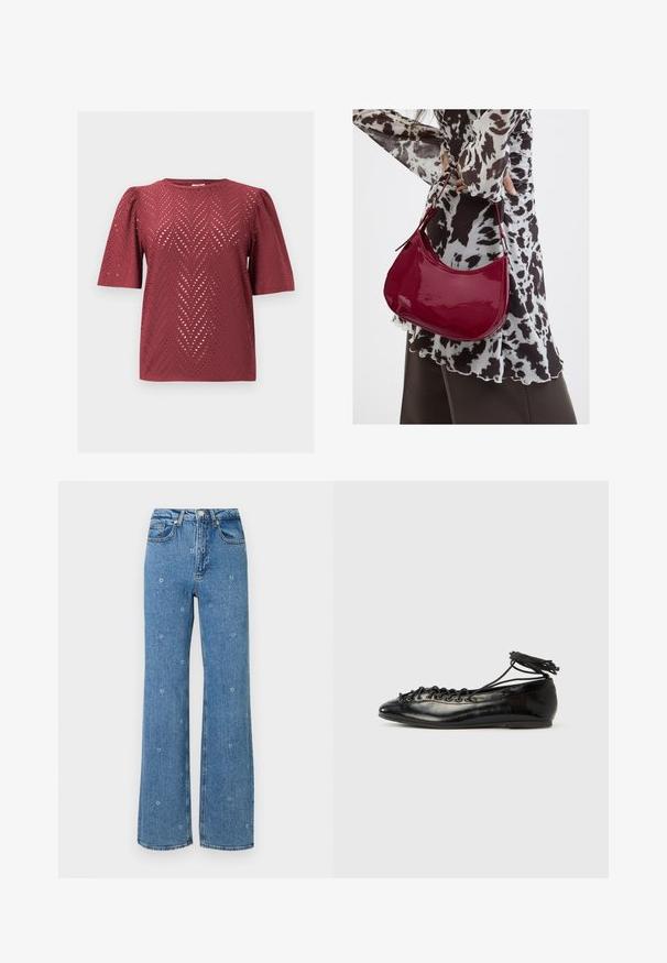 Burgundy kortærmet bluse med chevron-udskæringsmønster og let oppustede skuldre, lagt fladt på en ensfarvet baggrund.; Blå høj talje lige ben jeans med små hvide blomsterbroderier spredt over stoffet.; Sorte balletflade sko i laklæder med rundet tå, snørelukning og flad sål. Glat tekstur med få detaljer.; Kvinde iført en sort- og hvidmønstret bluse, der holder en blank rød skuldertaske mod en ensfarvet baggrund.