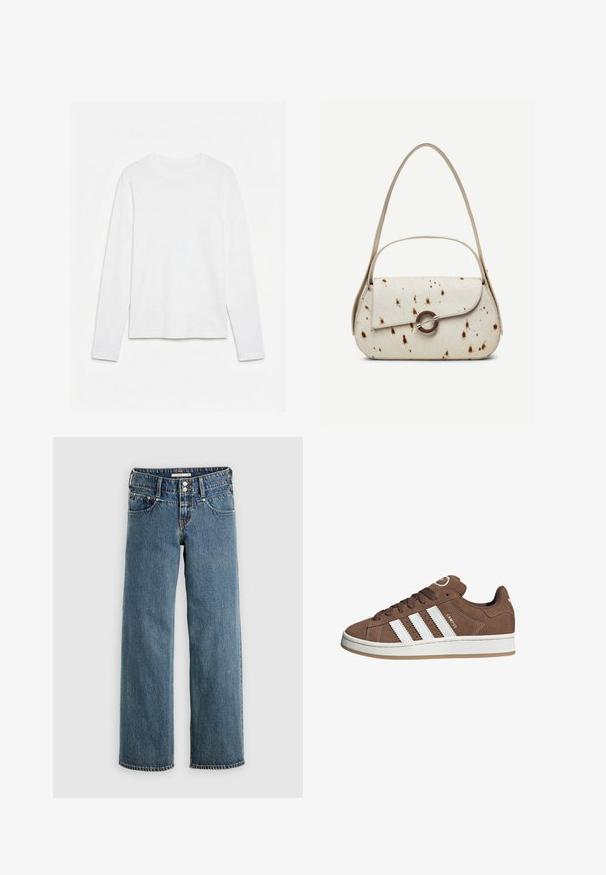 Effen wit, langarmig shirt met ronde hals, plat neerligt op een witte ondergrond, waarbij de voorkant en de volledige mouwlengte zichtbaar zijn.; Blauwe denim spijkerbroek met een rechte pijp, voorzien van een knoopsluiting, vijf zakken en contrasterende stiksels langs de naden.; Bruine suède sneaker met witte leren strepen, rubberen zool, ronde neus en vetersluiting. Kenmerkt zich door een logo op de tong en geperforeerde accenten.; Crèmekleurige handtas met bruine spikkels, gebogen klep met ronde metalen sluiting, voorzien van twee dunne bandjes, waarvan één langer voor gebruik over de schouder.