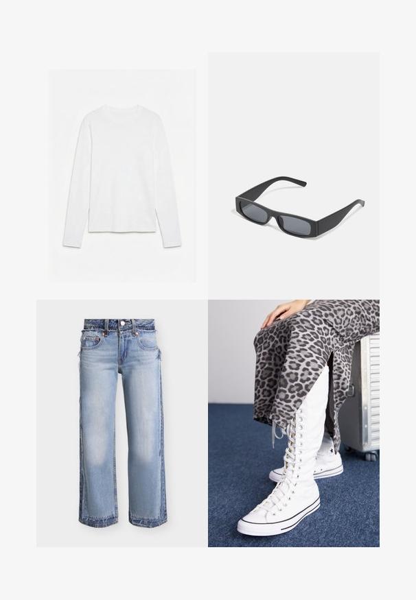 Helt hvid langærmet t-shirt med rund hals lagt fladt på en hvid overflade, der viser fronten og hele ærmelængden.; Lyseblå vidde jeans med lagdelte denim-paneler, frynsede kanter og standard fem-lomme design.; Skridtløse hvide støvler med høj skaft, lavet af canvas, med sorte akcenter. Sammen med en grå leopardmønstret nederdel med sidespalter.; Sorte rektangulære solbriller med mørke linser og tykke matte stel. Armen er let tilspidset med en glat overflade.