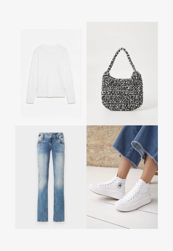 Helt hvid langærmet t-shirt med rund hals lagt fladt på en hvid overflade, der viser fronten og hele ærmelængden.; Lyseblå denimjeans med lige ben-design, der har en fem-knaps lukning, forlommer og subtile falme-detaljer.; Person iført hvide høje Converse-sneakers med tykke såler og beskårne blå jeans med flossede kanter mod en murstensvæg og hvidt gulv.; Vævet håndtaske i sort og hvid med en rund form, tekstureret overflade og et fletet håndtag. Velegnet til afslappet brug.