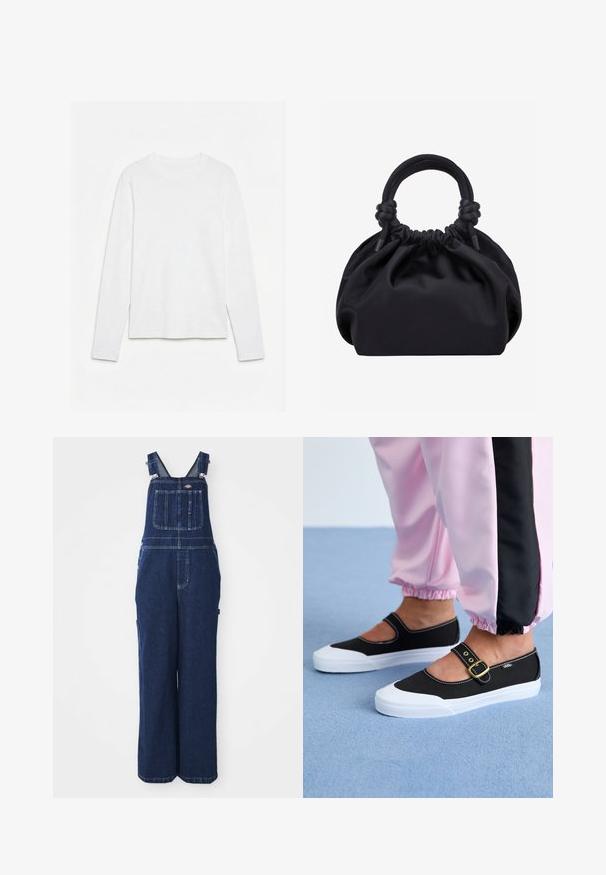 Effen wit, langarmig shirt met ronde hals, plat neerligt op een witte ondergrond, waarbij de voorkant en de volledige mouwlengte zichtbaar zijn.; Denim tuinbroek in donkerblauw, voorzien van verstelbare banden, een borstzak, zijzakken en een losse, wijde pasvorm. Klassieke stikdetails.; Zwarte canvas schoenen met een witte zool, met een uitgesneden ontwerp en een gouden gespband. Draagt met roze joggingsbroek.; Zwarte zachte stoffen handtas met geplooide bovenkant en ronde gewatteerde handvatten, vastgeknoopt aan elke kant.