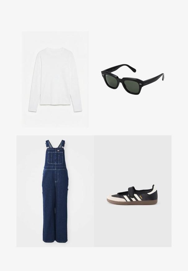 Effen wit, langarmig shirt met ronde hals, plat neerligt op een witte ondergrond, waarbij de voorkant en de volledige mouwlengte zichtbaar zijn.; Denim tuinbroek in donkerblauw, voorzien van verstelbare banden, een borstzak, zijzakken en een losse, wijde pasvorm. Klassieke stikdetails.; Zwart-beige sneaker met een klittenbandsluiting, drie witte strepen aan de zijkant en een getextureerde bruine rubberen zool. Merkembleem zichtbaar.; Zwarte vierkante zonnebril met donker groene lenzen, uitgerust met gedurfde monturen en zilveren accenten aan de zijkanten. Gemaakt in Italië.