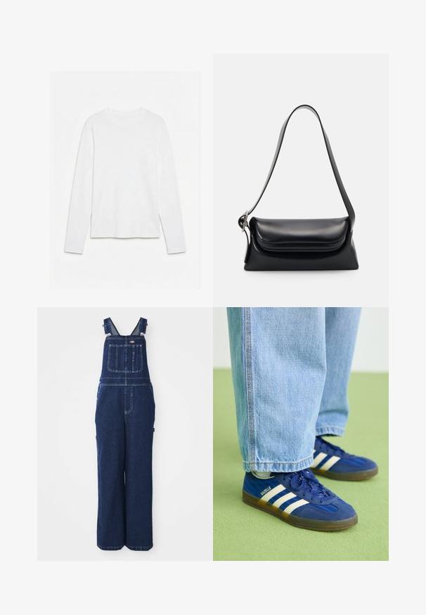Helt hvid langærmet t-shirt med rund hals lagt fladt på en hvid overflade, der viser fronten og hele ærmelængden.; Denim overalls i mørkeblå, med justerbare stropper, brystlomme, sidelommer og en løs, bred benpasform. Klassiske syninger.; Blå ruskindsneakers med hvide striber og teksturerede mønstre, båret med lyseblå denimbukser, sat mod en grøn baggrund.; Sort læderhåndvask med en struktureret form, en glat overflade og en enkelt skulderrem. Har et subtilt, rundet klapdesign.