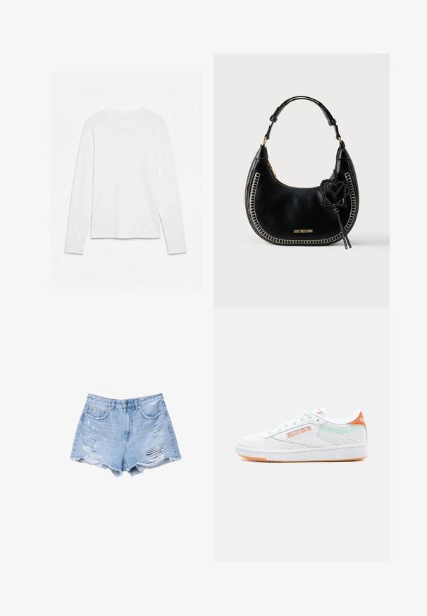 Schlichtes weißes Langarm-T-Shirt mit Rundhalsausschnitt, flach auf einer weißen Oberfläche liegend, Vorderseite und gesamte Ärmellänge sichtbar.; Helle blaue Jeansshorts mit fransigen Säumen und distressierten Details, ausgestattet mit Fronttaschen und einem Knopfverschluss.; Weißer perforierter Leder-Reebok-Sneaker mit orangefarbenen und hellgrünen Akzenten, weißen Schnürsenkeln und einer Gummisohle in Naturfarbe, im Profil gezeigt.; Schwarze Leder-Hobo-Tasche mit kontrastierender weißer Naht, geschwungener Form, goldenen Beschlägen und einem dekorativen "M"-Charm daran.