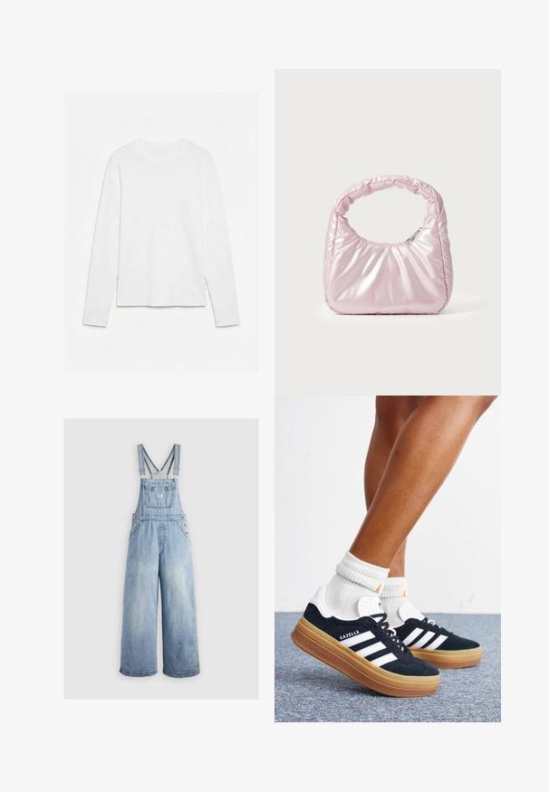 Schlichtes weißes Langarm-T-Shirt mit Rundhalsausschnitt, flach auf einer weißen Oberfläche liegend, Vorderseite und gesamte Ärmellänge sichtbar.; Helleblaue Denim-Latzhose mit weiten Beinen, verstellbaren Trägern, einer Fronttasche und Metallknöpfen an den Seiten. Klassischer Stil mit lockerer Passform.; Beine mit weißen Socken und schwarzen Adidas Gazelle Sneakers mit weißen Streifen und dicken braunen Sohlen auf einem grauen Teppichboden.; Rosa, gepolsterte Handtasche mit abgerundeter Form, aus glänzendem Material gefertigt. Verfügt über einen gerafften Griff und einen Reißverschluss für sicheren Zugang.