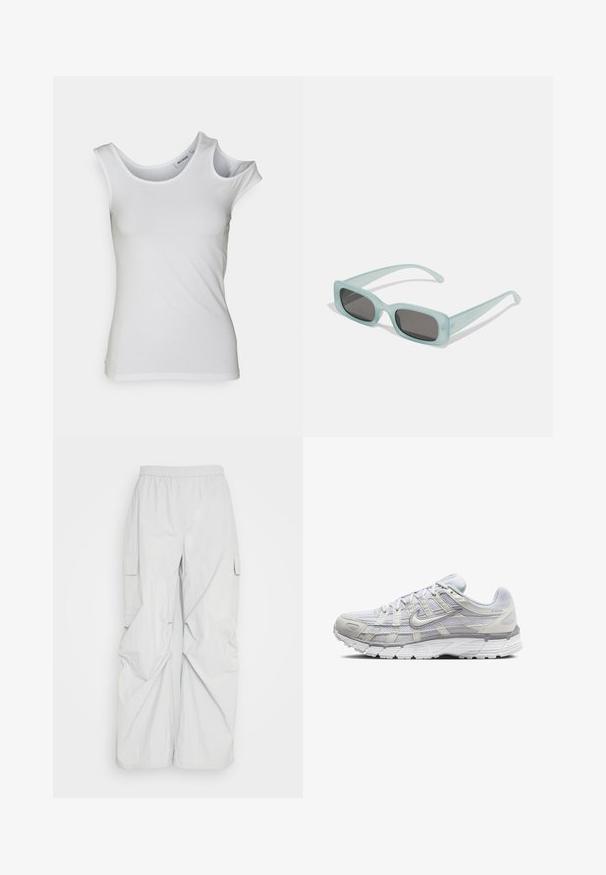 Weekday ZARI ASSYMETRIC - Top - white; Weekday NILA TRACKSUIT TROUSER - Nohavice - grey dusty light; Svetlo šedé športové topánky s vrchom z ďalekého a syntetického materiálu, so šnurovacím uzáverom, polstrovaným golierom a štruktúrovanou podrážkou pre lepšiu priľnavosť.; Párik obdĺžnikových slnečných okuliarov s svetlomodrými priehľadnými rámami a tmavosivými sklami, s rovnými stranami a minimálnymi hardvérovými detailmi.