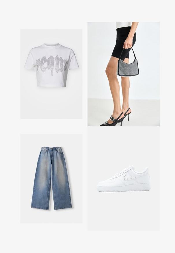 Witte cropped t-shirt van katoen met een glanzend zilveren strass-graphic design op de voorkant met gestileerde tekst. Korte mouwen.; Brede blauwe denim jeans met hoge taille en vervaagde details, plat gelegd op een witte achtergrond.; Witte Nike Air Force 1 sneaker met gespikkelde Swoosh-detail en dikke zool, afgebeeld tegen een effen lichtgrijze achtergrond.; Zwarte beaded handtas met een gebogen silhouet, draaghandvat en glanzende textuur. Draagt bij hoge zwarte hakken en strakke zwarte shorts.
