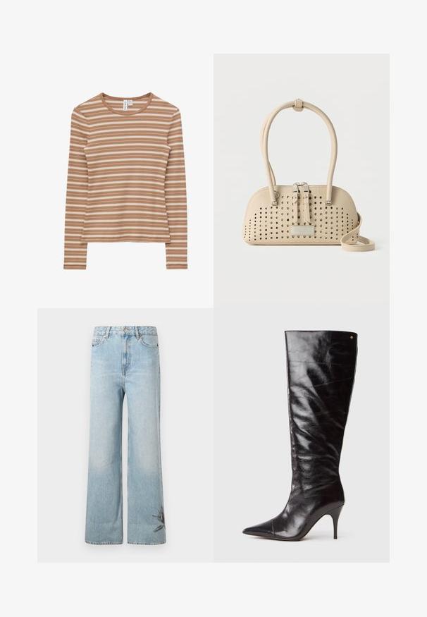 Haut à manches longues en maille côtelée avec des rayures horizontales beige et blanches et un col rond.; Jeans larges en denim bleu clair, avec une texture délavée et des broderies florales sur le bas de la jambe gauche.; Botte haute en cuir noir avec talon aiguille, à bout pointu et légèrement froissée sur le tige, présentée en profil sur fond blanc.; Sac à main en cuir beige avec des trous perforés, deux tirettes de fermeture éclair, doubles poignées et une longue bandoulière, posé sur un fond uni.